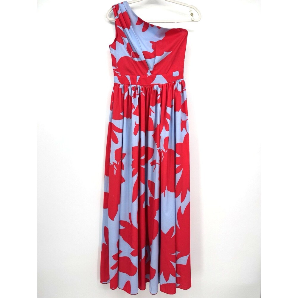 One Shoulder Maxi Dress SM Red Blue Floral Swing Pleated Vacation Resort Summer